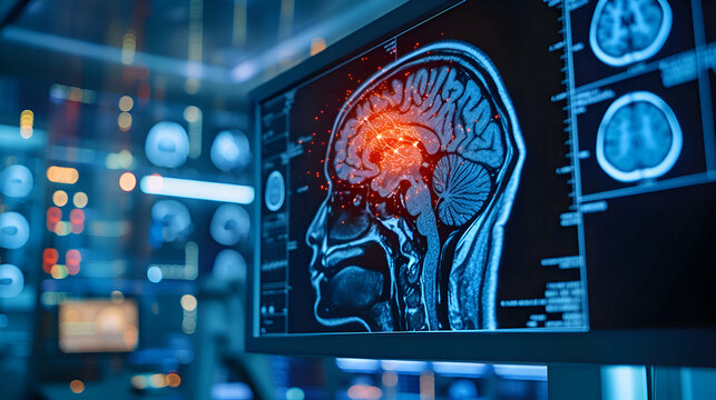 X ray image of brain in computer. Stroke patient brian damaged affected area revealing. 