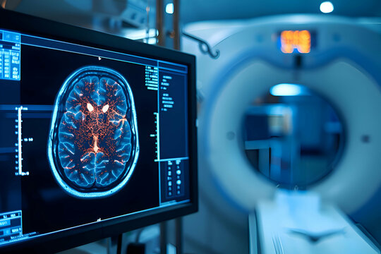 X ray image of brain in computer. Stroke patient brian damaged affected area revealing. 