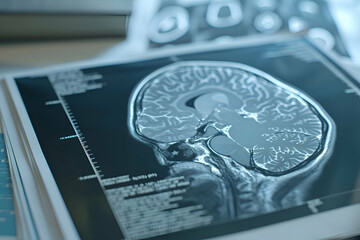 An illustration of a picture of Mri brain scan on the table. Mri reading a MRI paper.