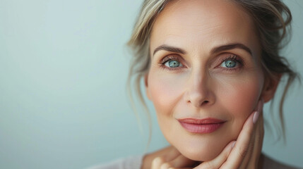 Radiant middle aged beauty, skincare perfection on display. Maturity embraced with elegance on a pristine white canvas. #BeautyConcept #SkincareGlow