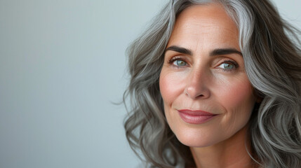 Naklejka premium Radiant middle aged beauty, skincare perfection on display. Maturity embraced with elegance on a pristine white canvas. #BeautyConcept #SkincareGlow