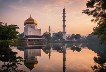 Fototapeta na wymiar beautiful Malaysia mosque water Selangor Beautiful lake reflection sunrise colorful