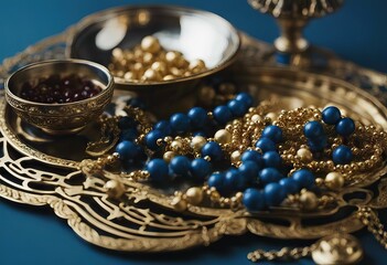 bowl rosary RAMADAN fferent islamic gold elements beads tray backgrounds tea Blue religion serving praying light various
