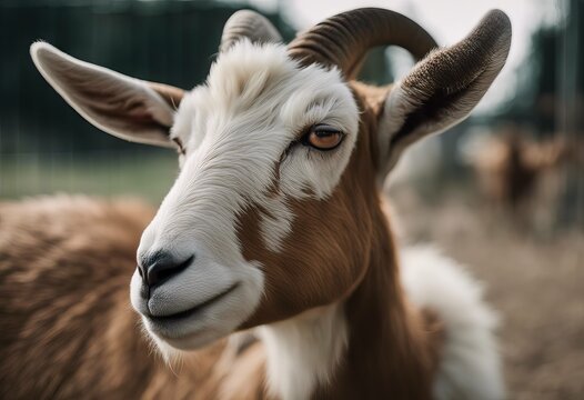 relaxing farmer's light pen head goat close brown goat's camera facing