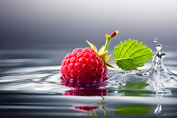 Fresh tasty  berries, raspberries with leaves lying in splashing  water, bokeh natural background