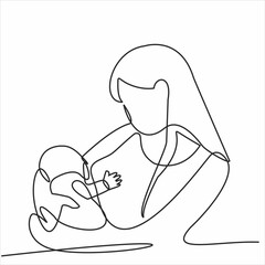 continuous single drawn one line of breastfeeding woman child drawn silhouette image. line art. mother character feeding newborn baby