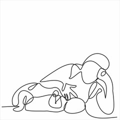 continuous single drawn one line of breastfeeding woman child drawn silhouette image. line art. mother character feeding newborn baby