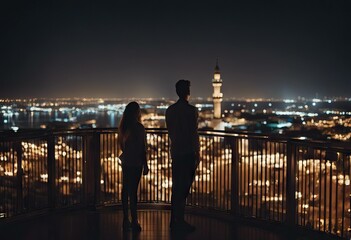 Fototapeta na wymiar night standing views couple balcony beautiful ramadan