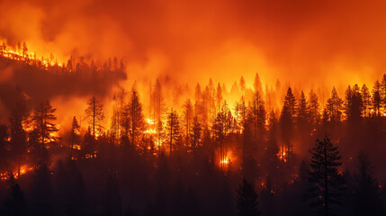 A severe wildfire burning through a dense forest at night, illuminating the sky with an ominous orange glow