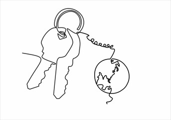 continuous line drawing of house keys with globe shaped keychain, real estate concept, isolated on white background. vector