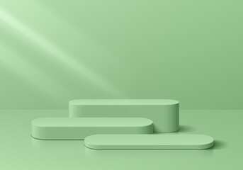 Realistic 3D green round stand podium background level set in clean pastel wall scene. Abstract minimal mockup or product display presentation, Stage showcase. 3D Platforms vector geometric design.