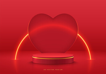 Realistic 3D red cylinder podium background with golden curve neon lighting on heart backdrop. Vector abstract geometric forms. Minimal scene mockup product stage showcase, Valentine promotion display - obrazy, fototapety, plakaty