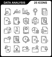 icon set contains symbols and tools of data analysis, business, finance and office