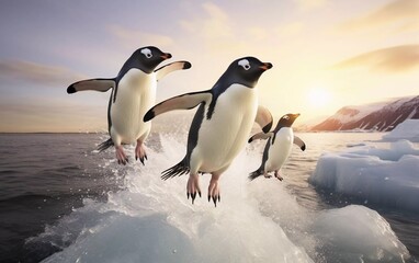 realistic photo Adelie Penguin, pygoscelis adeliae, Group Jumping into the Sea. generative ai