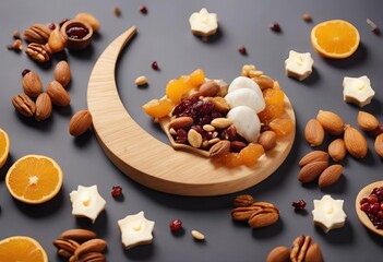 Obraz na płótnie Canvas Top arranged Iftar kareem food concept nuts space moon view Ramadan dried copy fruits crescent shape