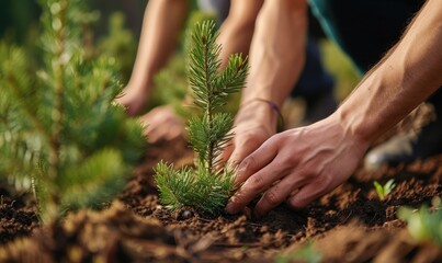 Naklejka na ściany i meble volunteers plant pine trees - reforestation of forests and mountains