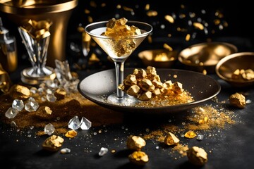 Fototapeta na wymiar Golden nuggets and crystals spilling out of a martini glass