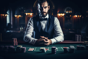 Croupier behind gambling table in a casino
