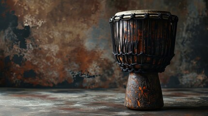 Vintage Wooden Drum Against Rustic Textured Wall - Traditional African Musical Instrument