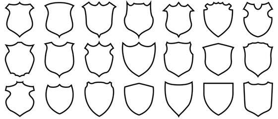 Black line shield icon set in vintage style. Protect shield security icons. Badge quality symbol, sign, logo, emblem. Vector illustration.