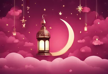 Fototapeten Card clouds Beautiful Kareem Islamic Greeting lantern Ramadan tones Muslim Ramadan background Holidays moon pink stars © akkash jpg