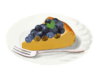チーズケーキ（ブルーベリー）皿、フォーク付き