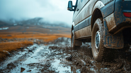 The off-road motorhome van wheel, covered in mud, spun rapidly as the off-road vehicle navigated through the rugged terrain