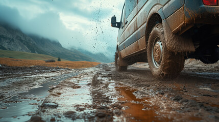 The off-road motorhome van wheel, covered in mud, spun rapidly as the off-road vehicle navigated through the rugged terrain - obrazy, fototapety, plakaty