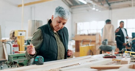 Construction, wood and measure with woman in workshop for manufacturing, planning and building. Hardware, remodeling and maintenance with carpenter in small business for timber and production