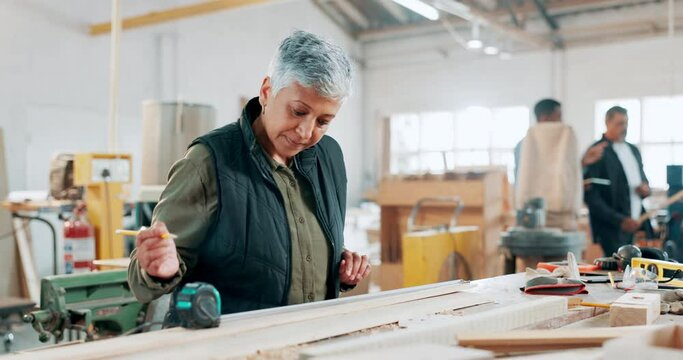 Construction, wood and measure with woman in workshop for manufacturing, planning and building. Hardware, remodeling and maintenance with carpenter in small business for timber and production