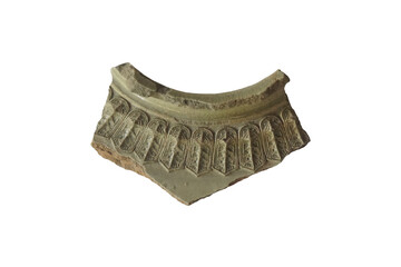 a fragment of old jar shoulder decorated with applique of small petals of red bird motif arraying on shoulder-round, isolated on white background. Archaeology of ancient kiln sites in Lanna region.