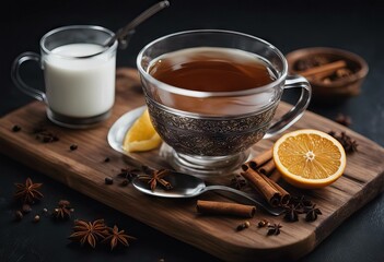 Black Ramadan Milk Food Concept Board View Tea Spices Wooden Side Background