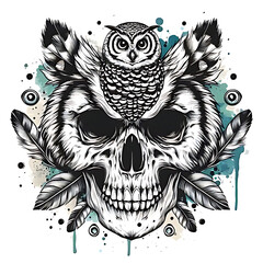 illustration owl skull watercolor style tattoo