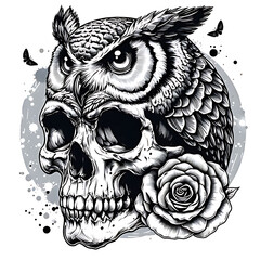 illustration owl skull watercolor style tattoo