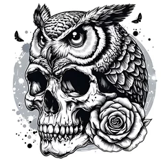 Poster Crâne aquarelle illustration owl skull watercolor style tattoo