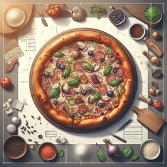A beautiful color drawing of a delicious pizza with sausage on the table in close-up