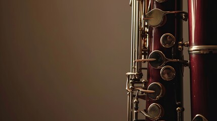 Close-Up View of a Dark Red Bassoon with Silver Keys Highlighted Against a Softly Lit Background
