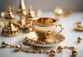 Obraz na płótnie Canvas white Ramadan coffee kareem beads holidays Golden cups rosary Islamic background