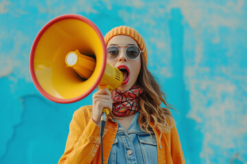 Fashionable young woman with a megaphone making an announcement, ideal for marketing and sales promotions.