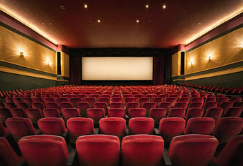 Fototapeta premium Movie Theater. Cinema. Film. Entertainment. Screening. Movie Night. Audience. Interior. Cinematic. Premiere. Big Screen. Popcorn. Seats. Enjoyment. Film Industry. Leisure. AI Generated.
