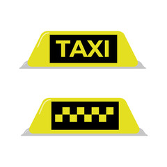 Taxi, checkered taxi, car, transportation set for taxi with emblems in yellow color flat icon...