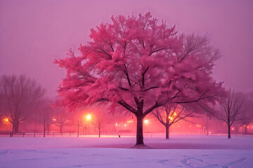 winter in the park near sunset turns the trees pink, generative ai