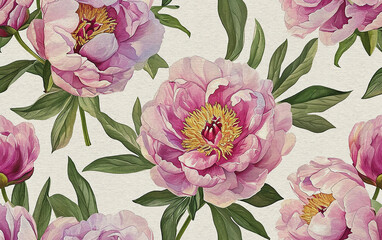 Hand drawn pink Peonies with watercolor texture