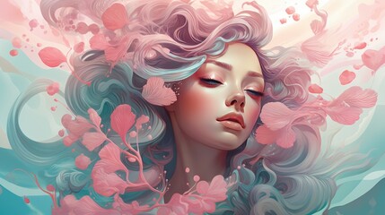 Illustrate a women's beauty with a dreamy color palette of Turquoise and Soft pink tones, complemented by ethereal swirls and flowing typography --ar 16:9 Job ID: 34a8e1be-d432-4c42-8a92-17b7ea1c4269