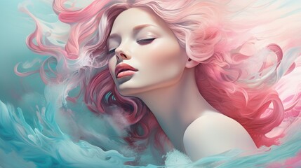 Illustrate a women's beauty with a dreamy color palette of Turquoise and Soft pink tones, complemented by ethereal swirls and flowing typography --ar 16:9 Job ID: 46e807ae-39fa-4709-84b7-8e0f4dad07d0