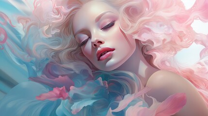 Beautiful woman with long curly pink hair. Perfect makeup. Beauty, fashion