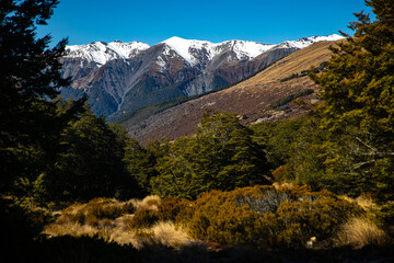 spring panorama of mountains in artur's pass national park, canterbury, new zealand; waimakariri...