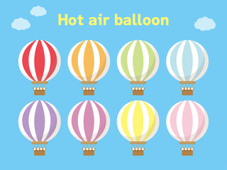 気球のベクターイラストのセット。旅行やレジャーのイメージの挿し絵に使えるかわいい気球の8色セット。それぞれのイラストは孤立したクリップアート