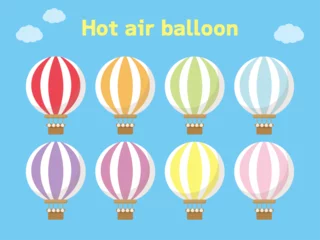 Foto op Plexiglas Luchtballon 気球のベクターイラストのセット。旅行やレジャーのイメージの挿し絵に使えるかわいい気球の8色セット。それぞれのイラストは孤立したクリップアート
