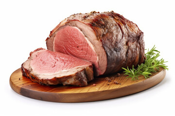 Medium rare prime rib roast grilled on wooden plate, white background
